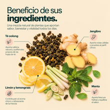 Cargar imagen en el visor de la galería, Beneficio de los ingredientes del Té Oolong Jengibre Limón: té oolong, jengibre, limón, lemongrass y menta