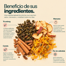 Cargar imagen en el visor de la galería, Beneficio de los ingredientes de Té Oolong Manzana Canela: té oolong, manzana, canela y flor de caléndula