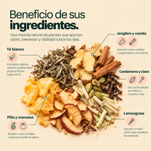 Cargar imagen en el visor de la galería, Beneficio de los ingredientes del Té Blanco Chai: té blanco, jengibre, canela, cardamomo, clavo, lemongrass, piña y manzana