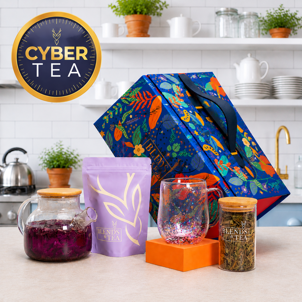 CYBER Pack Maleta+ Tazón doble vidrio+ Tetera tapa de bambú+ Té 50g+ Recarga 50g