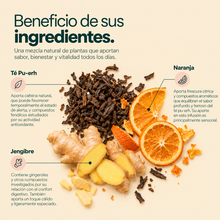 Cargar imagen en el visor de la galería, Beneficio de sus ingredientes: té Pu-erh, naranja y jengibre
