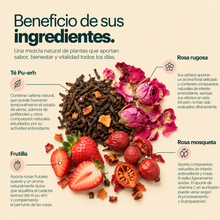 Cargar imagen en el visor de la galería, Beneficio de los ingredientes del Té Pu-erh Rosas: té Pu-erh, rosa rugosa, rosa mosqueta y frutilla
