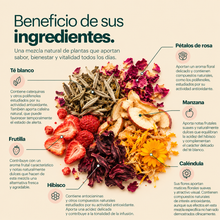 Cargar imagen en el visor de la galería, Beneficio de los ingredientes de Té Blanco Manzana y Frutilla: té blanco, manzana, frutilla, hibisco, caléndula y pétalos de rosa
