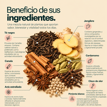 Cargar imagen en el visor de la galería, Beneficio de los ingredientes del Té Negro Masala Chai: té negro, jengibre, canela, cardamomo, anís estrellado, clavo de olor y pimienta blanca
